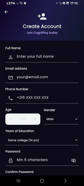Interface de création de compte CogniPlay