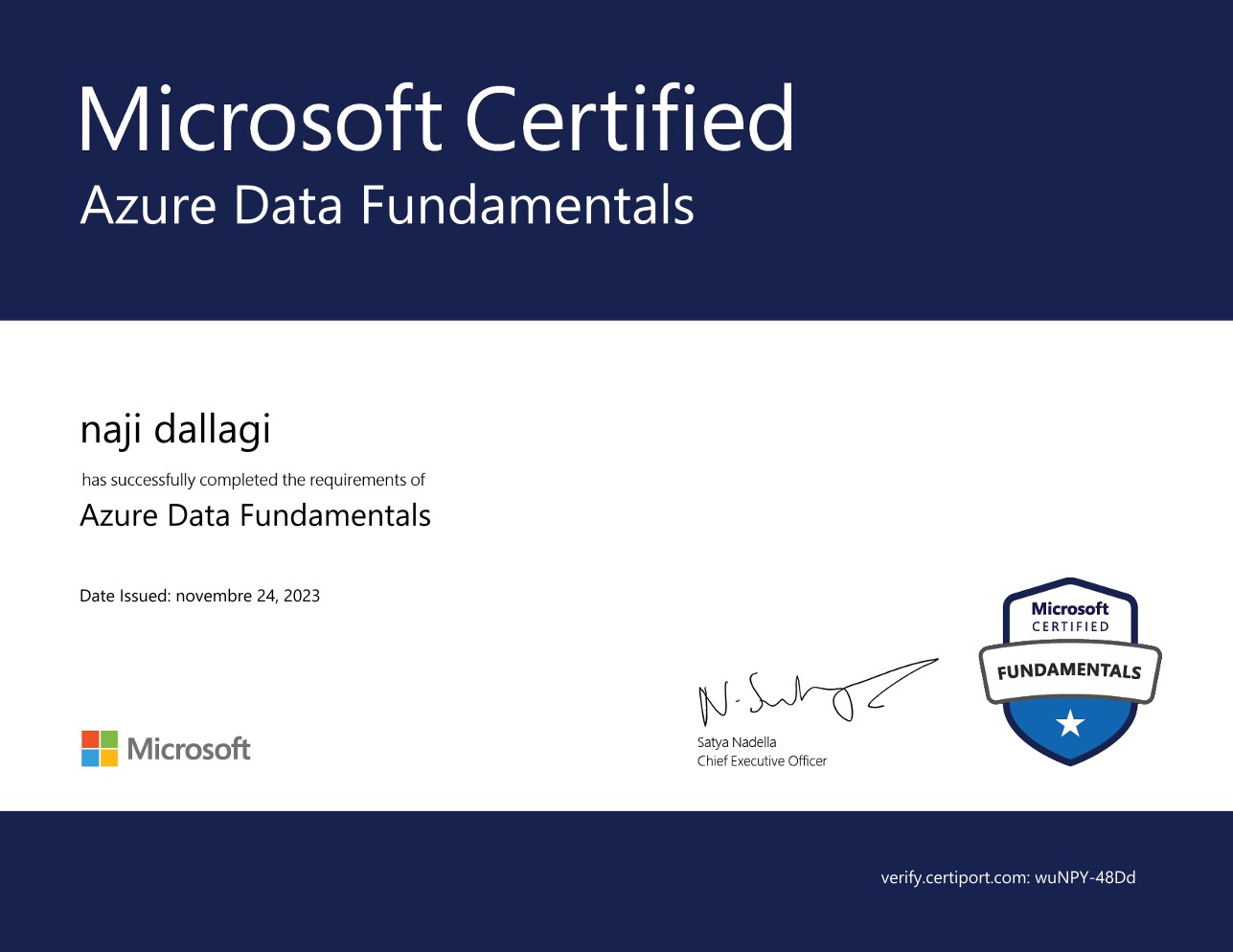 Certificat Microsoft Certified – Azure Data Fundamentals (DP-900)