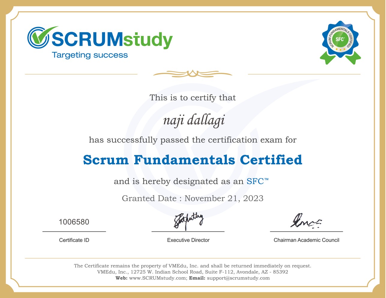 Certificat Scrum Fundamentals Certified (SFC)